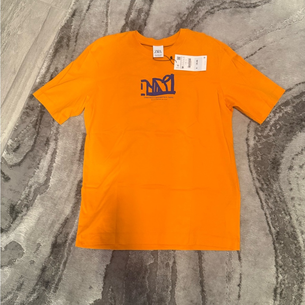 Zara Vibrant Orange Tee with Blue Abstract Design